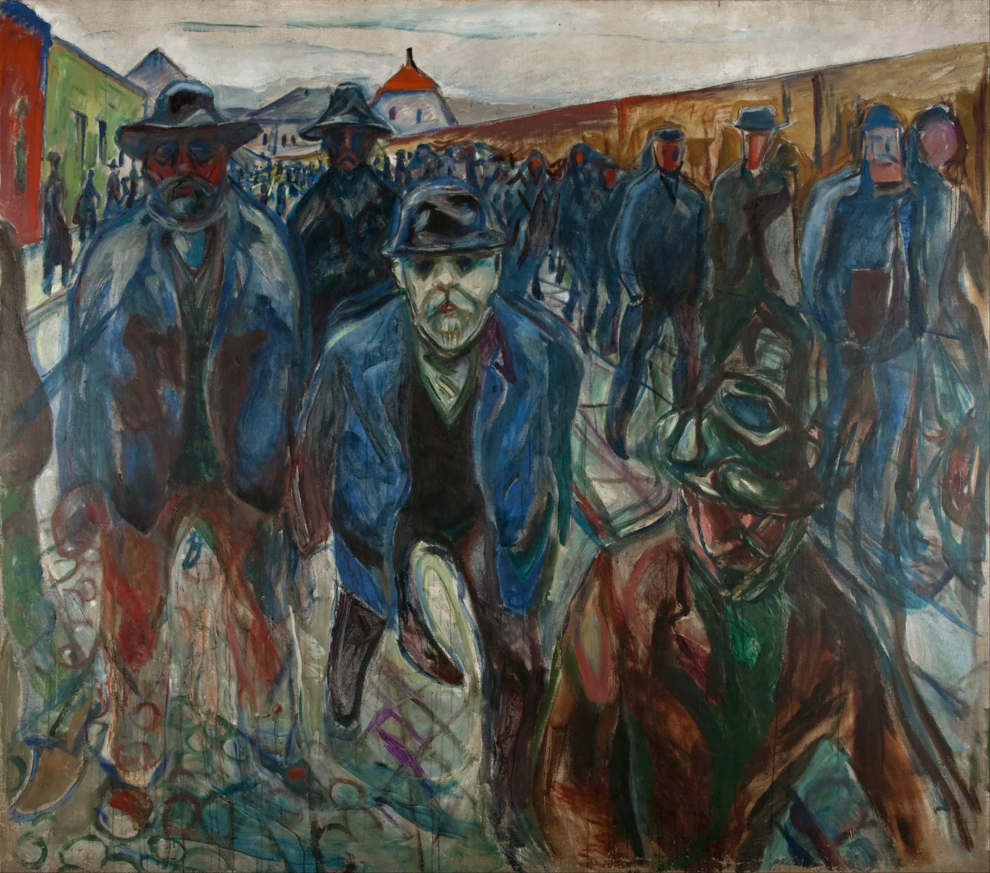 Workers on their Way Home Workers on their Way Home by Edvard Munch. A large crowd of men wearing dark hats and coats walks forward along a street framed by buildings and a wall.
