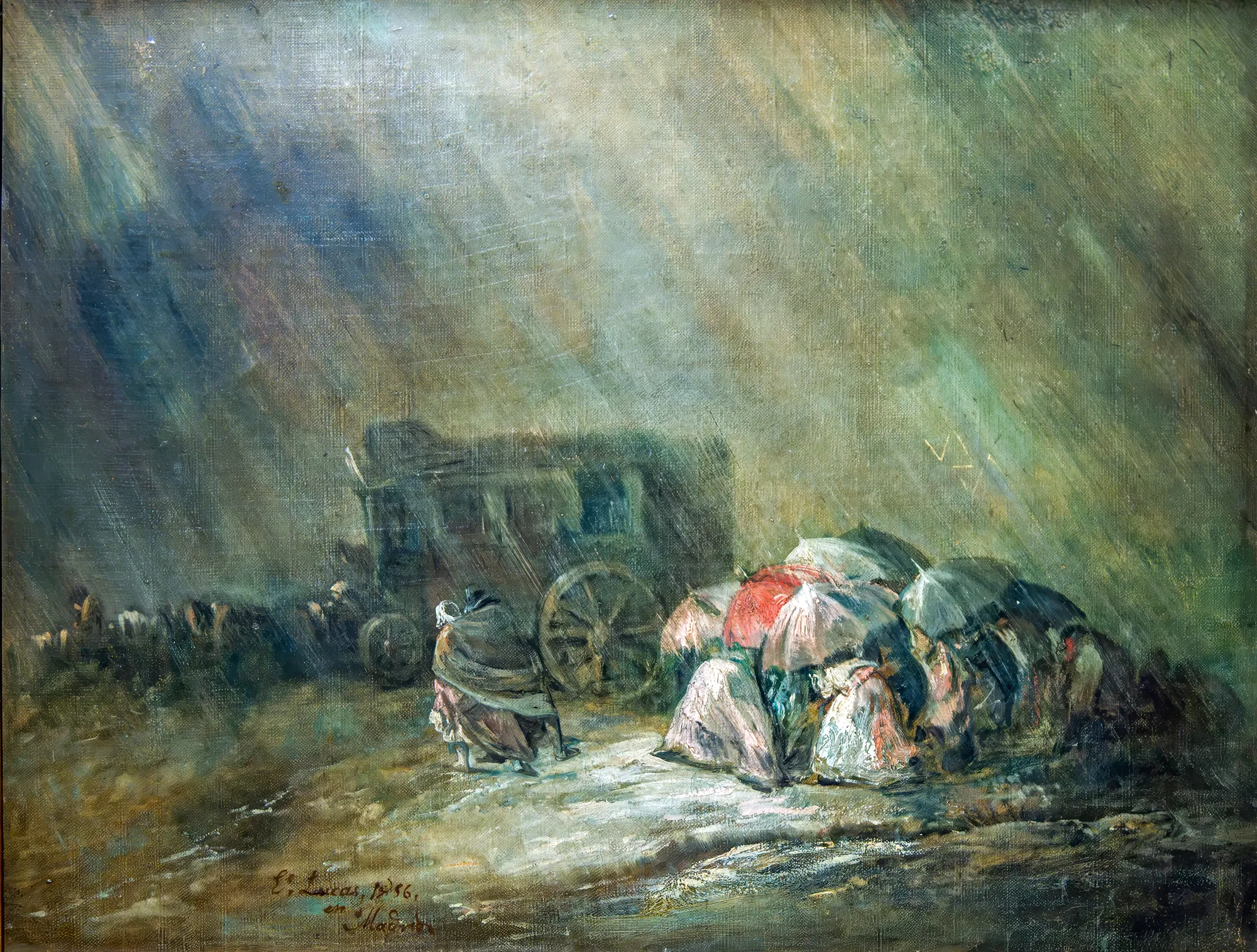 The Stagecoach Under the Storm The Stagecoach Under the Storm by Lucas Velázquez. A horse-drawn stagecoach and a group of travelers huddling under umbrellas during a heavy, atmospheric rainstorm.