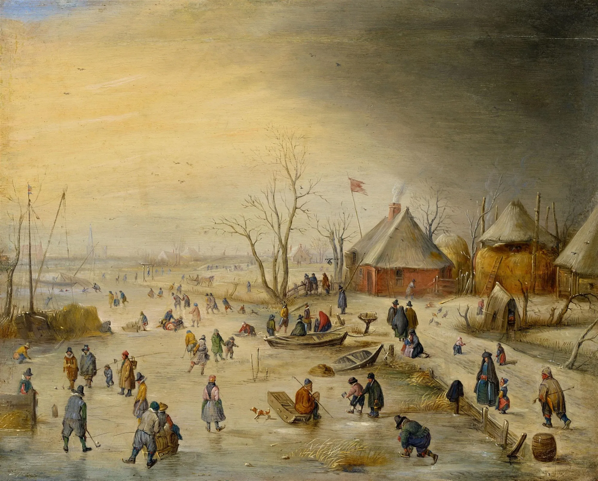 Winter Landscape with Ice Skaters Winter Landscape with Ice Skaters by Unknown Artist. A Dutch winter scene depicts a multitude of people ice skating and socializing on a frozen waterway beside thatched-roof houses.