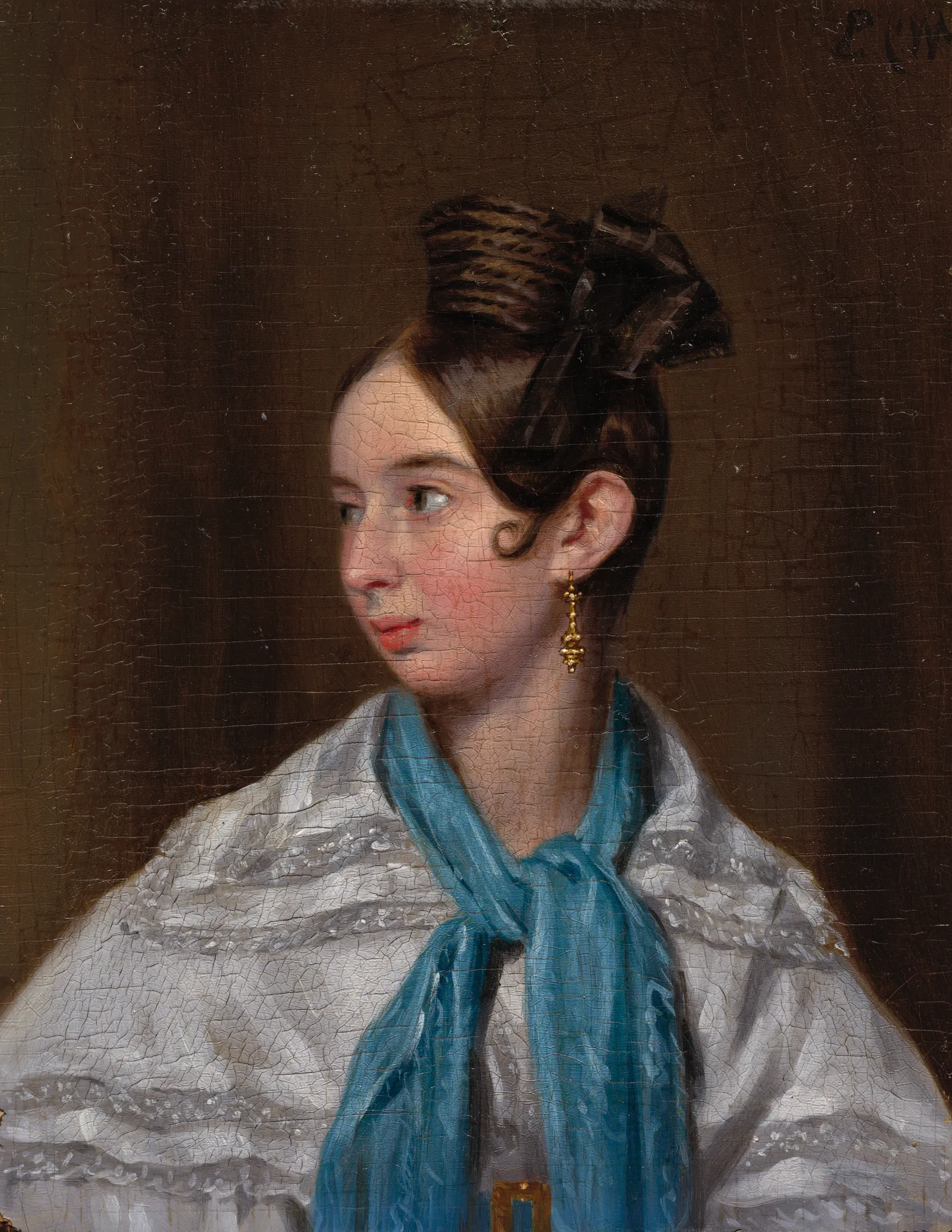 Elisa Pearson Playter Elisa Pearson Playter by Pieter Christoffel Wonder. A portrait of a young woman looking to the side, wearing a white lace shawl and a bright blue silk scarf.