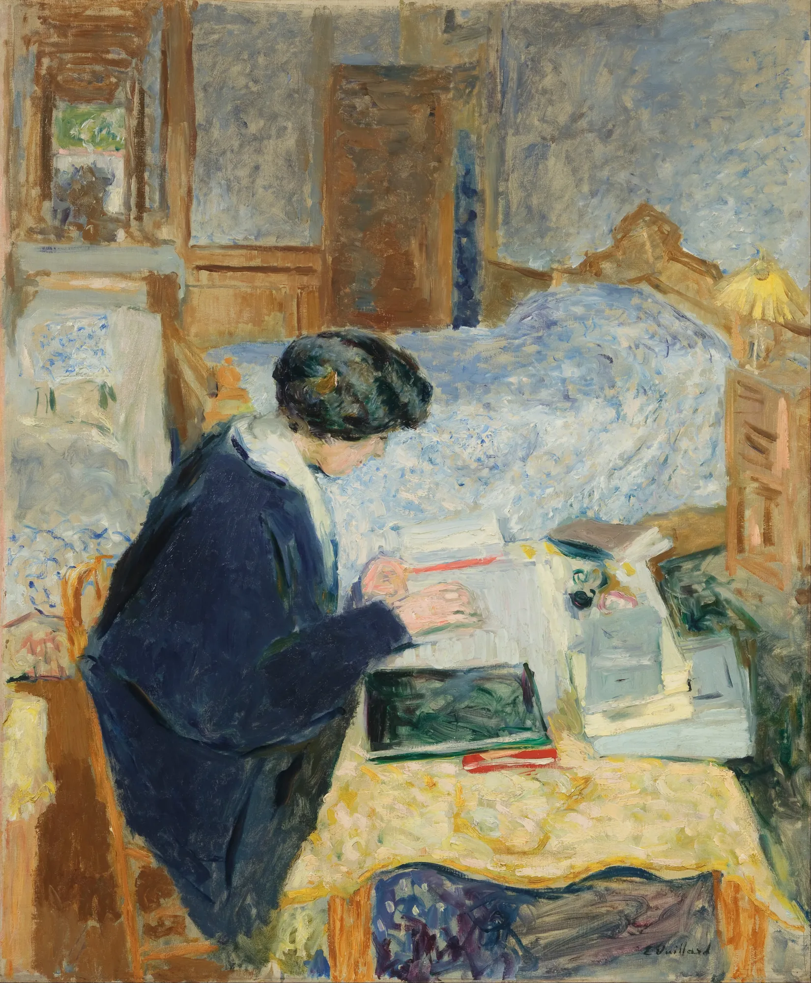 Lucy Hessel Reading (Lucy Hessel lisant) Lucy Hessel Reading (Lucy Hessel lisant) by Édouard Vuillard. A woman in a navy blue coat sits at a desk covered in papers, reading, with a blue-and-white patterned bed behind her.
