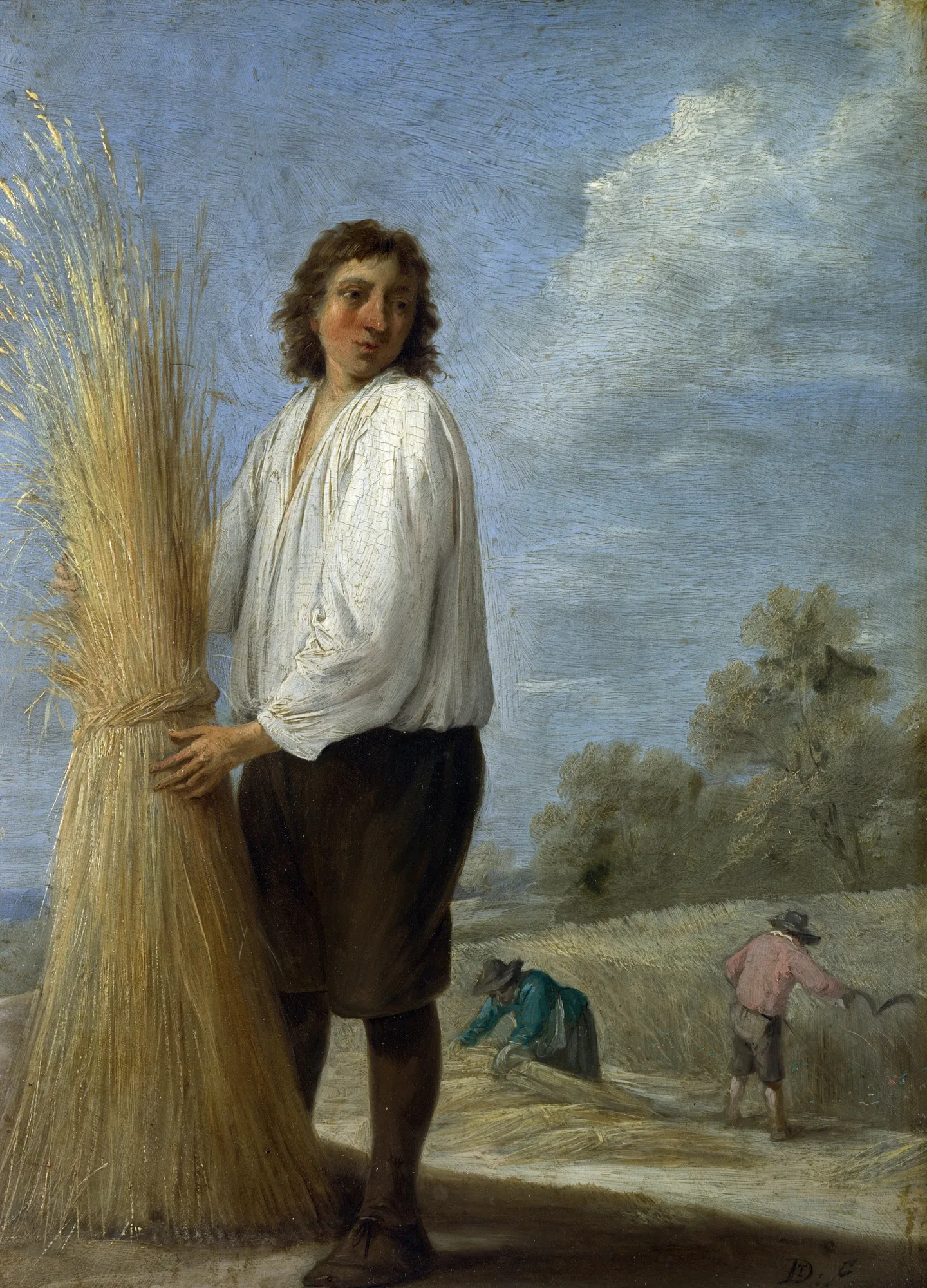 Summer Summer by David Teniers the Younger. A young man in a white shirt and dark breeches stands prominently holding a tall sheaf of harvested wheat in a sunlit field.