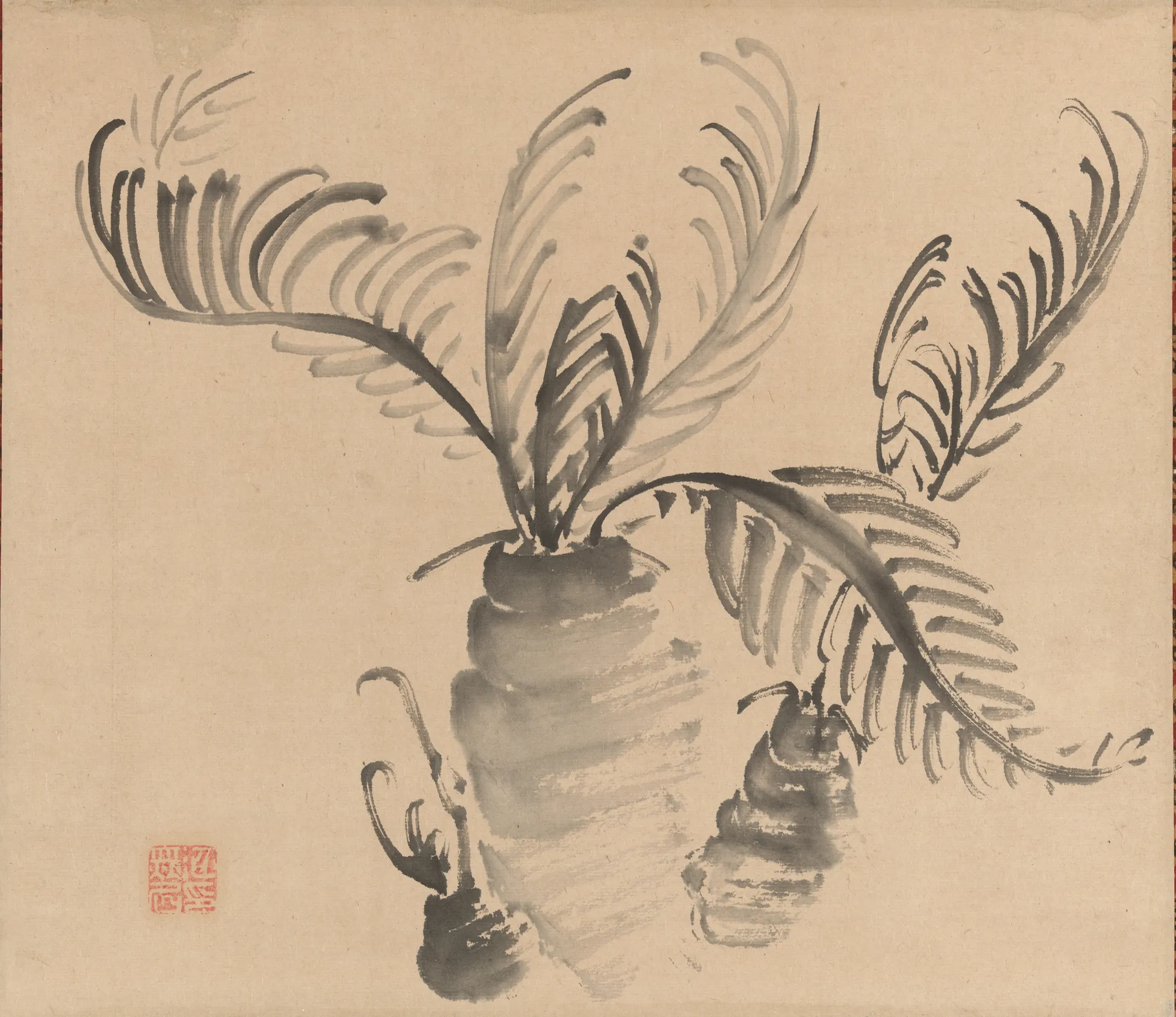 Cycad Cycad by Ike no Taiga. A minimalist ink wash painting on paper depicting the feathery fronds and textured trunk of a cycad plant.