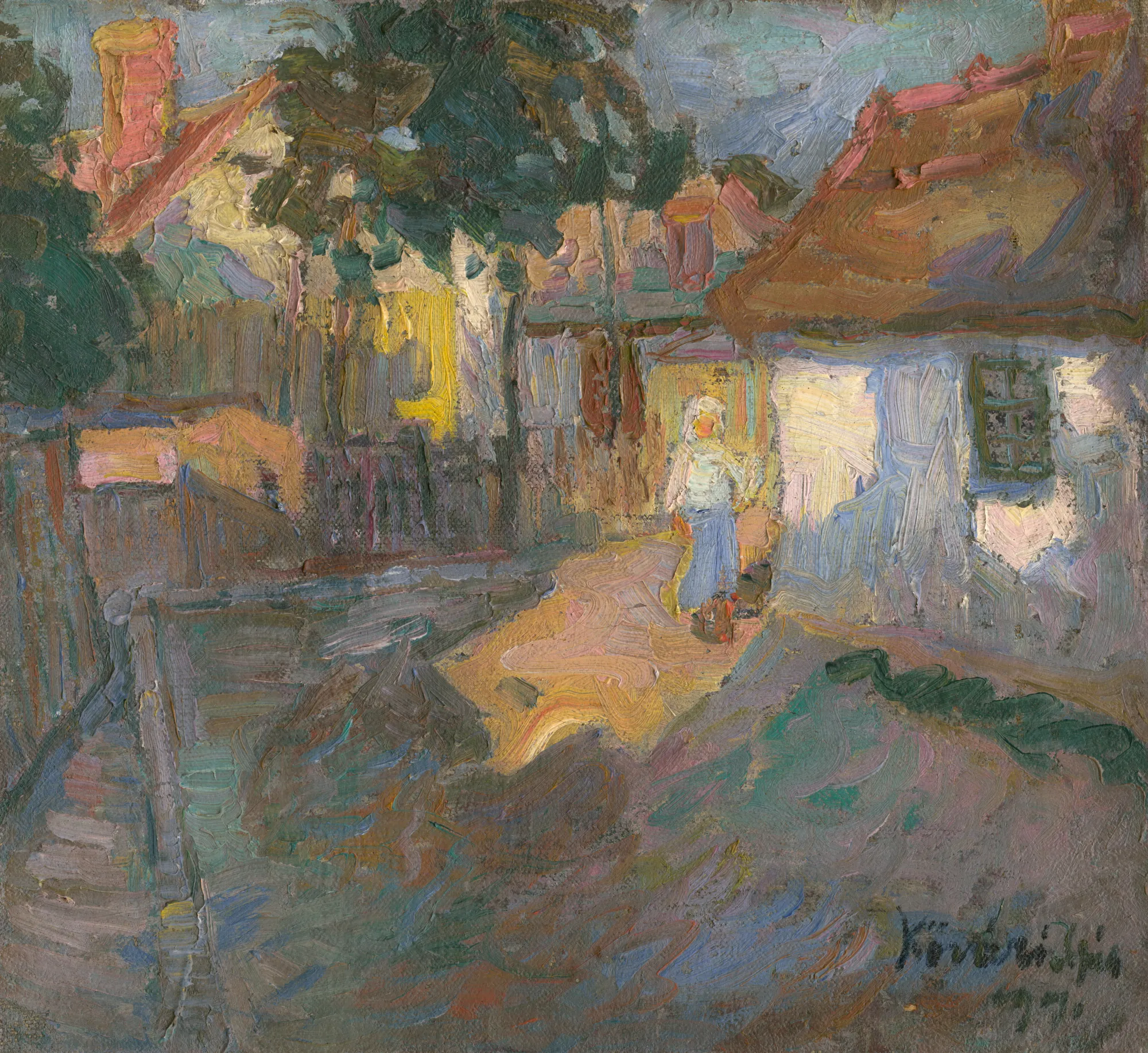 Szolnok Szolnok by Konštantín Kővári-Kačmarik. An impressionistic oil painting of a sun-drenched village street in Szolnok, showing a woman near a white cottage under dappled light.