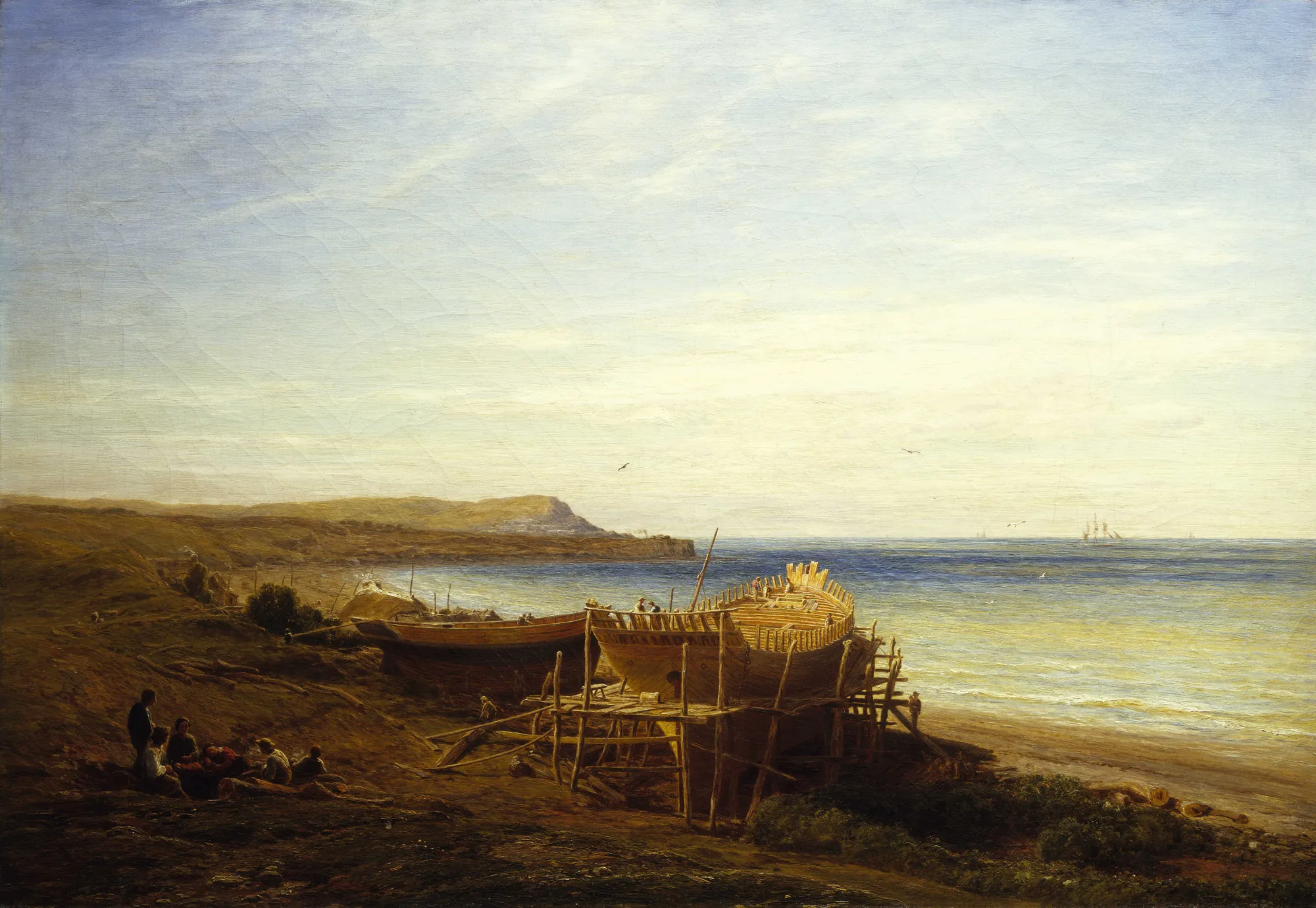 A New Bride for the Sea A New Bride for the Sea by Thomas Danby. A large wooden ship frame sits on scaffolding on a beach under a pale blue sky, with workers and observers gathered on the shore nearby.