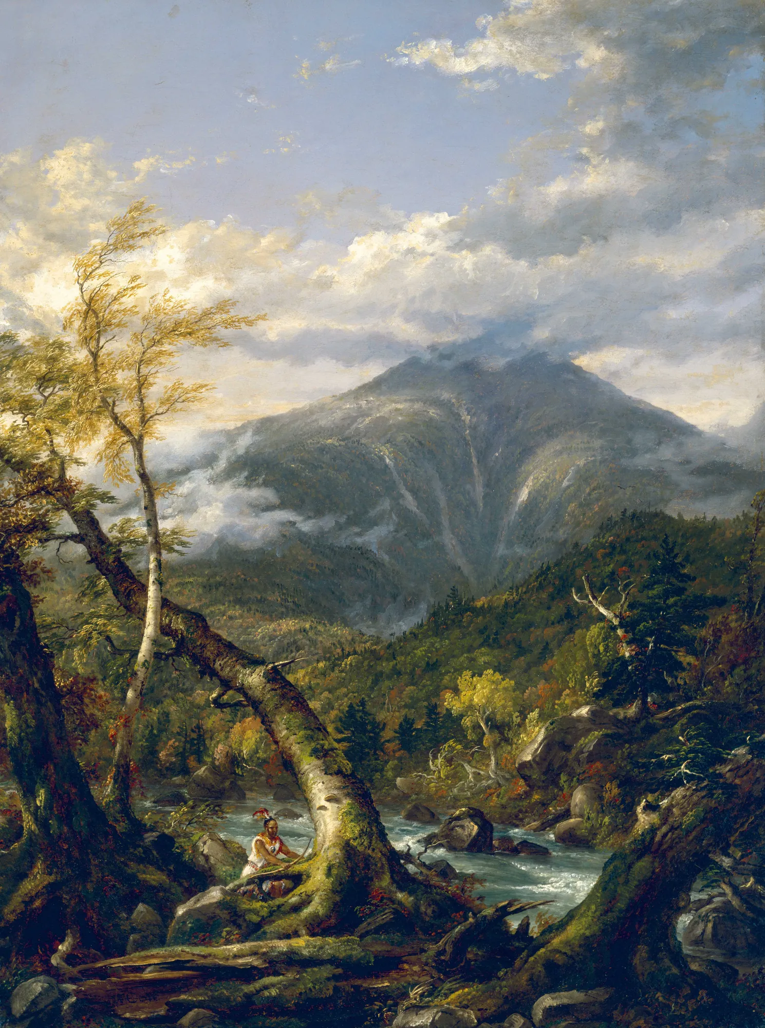 Indian Pass Indian Pass by Thomas Cole. A monumental mountain rises behind a lush, sun-dappled valley where a lone figure sits by a rushing river near a prominent leaning birch tree.