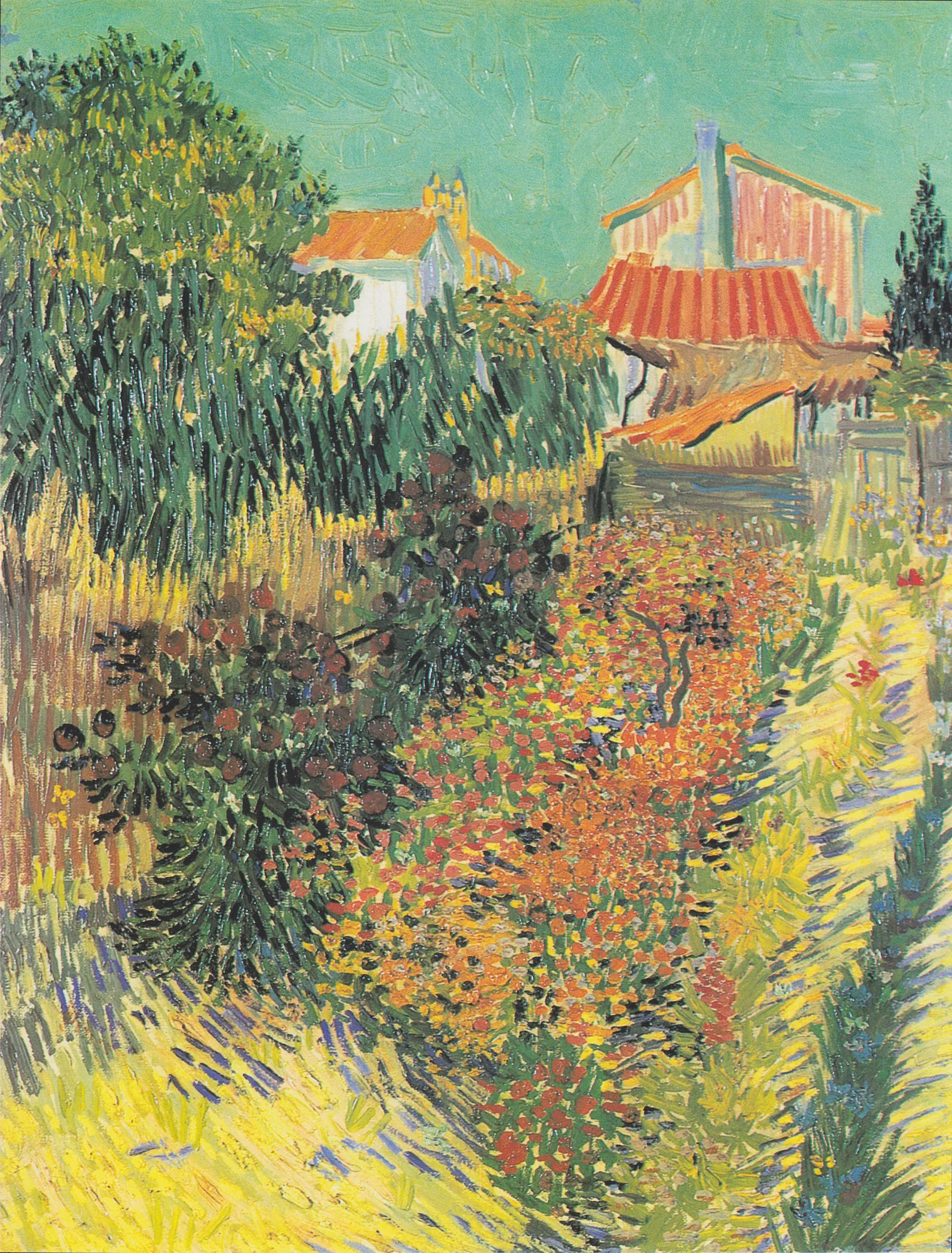Garden Behind a House Garden Behind a House by Vincent van Gogh. A lush, sunlit garden path with orange and yellow flowers leading toward several red-roofed houses under a bright teal sky.