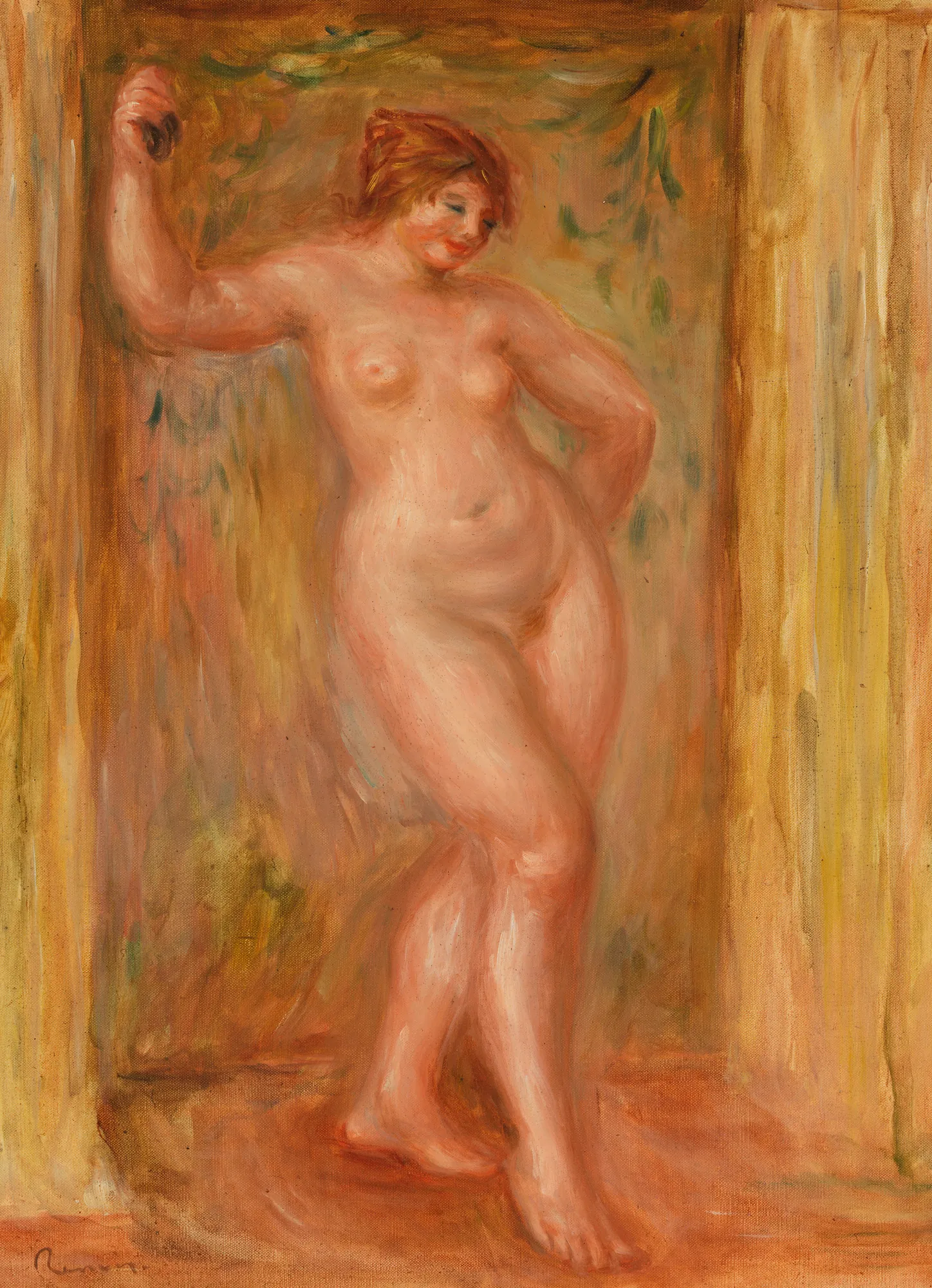 Nude with Castanets Nude with Castanets by Pierre-Auguste Renoir. An Impressionist oil painting of a nude woman with warm, glowing skin holding castanets in a rhythmic pose against a soft-focus background.