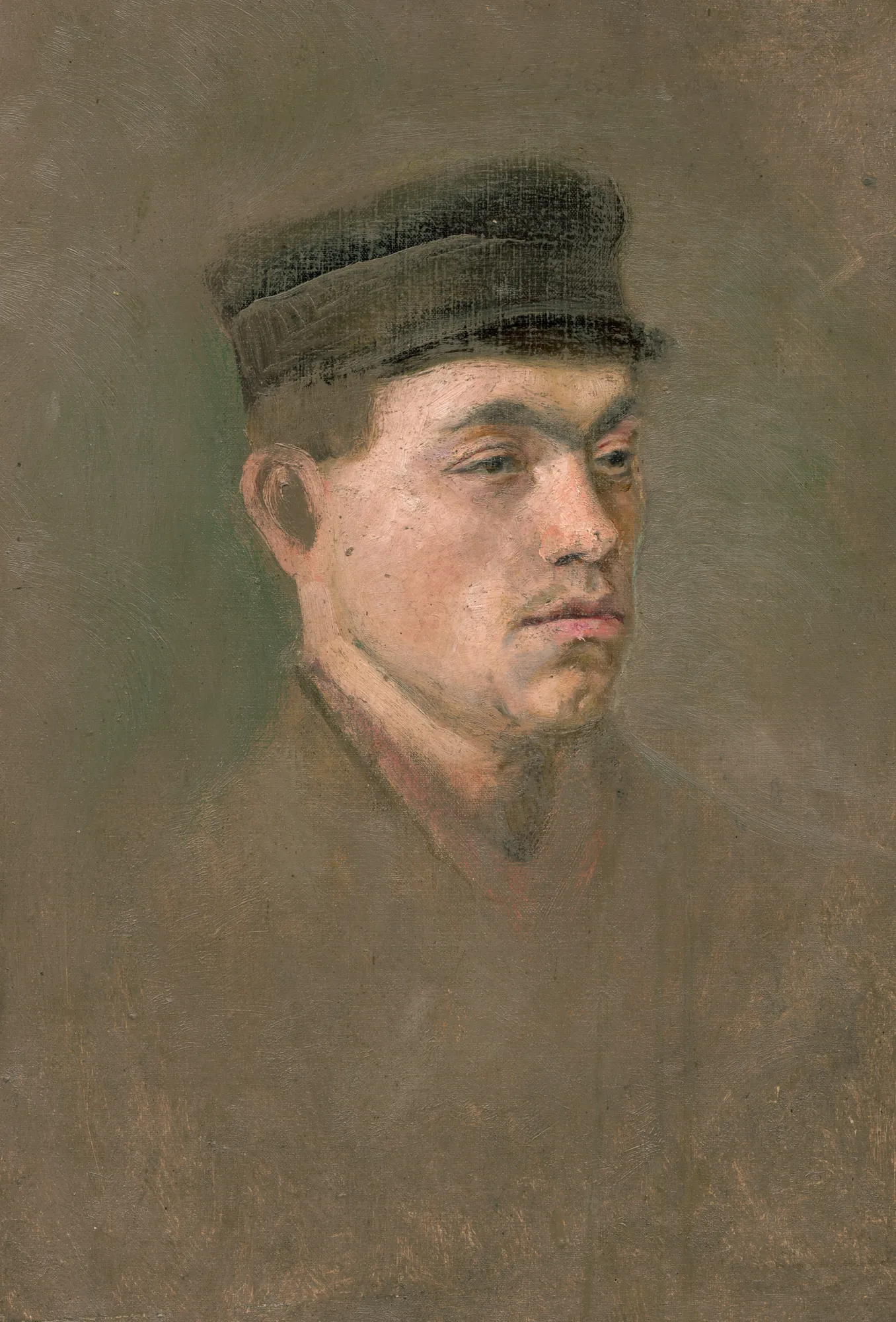 Study of a Young Craftsman Study of a Young Craftsman by László Mednyánszky. A profile portrait study of a young man wearing a dark cap, painted in muted earthy tones with visible canvas texture.