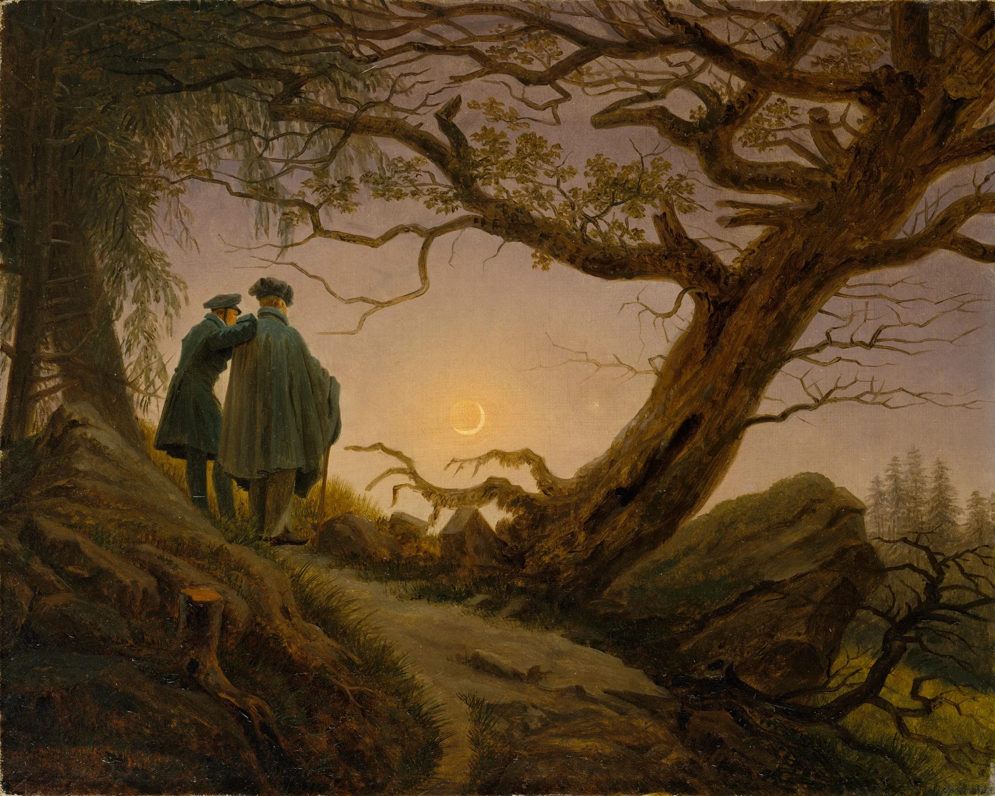 Two Men Contemplating the Moon Two Men Contemplating the Moon by Caspar David Friedrich. Two silhouetted figures in cloaks stand on a rocky path beside a gnarled oak tree, gazing at a crescent moon in a twilight sky.