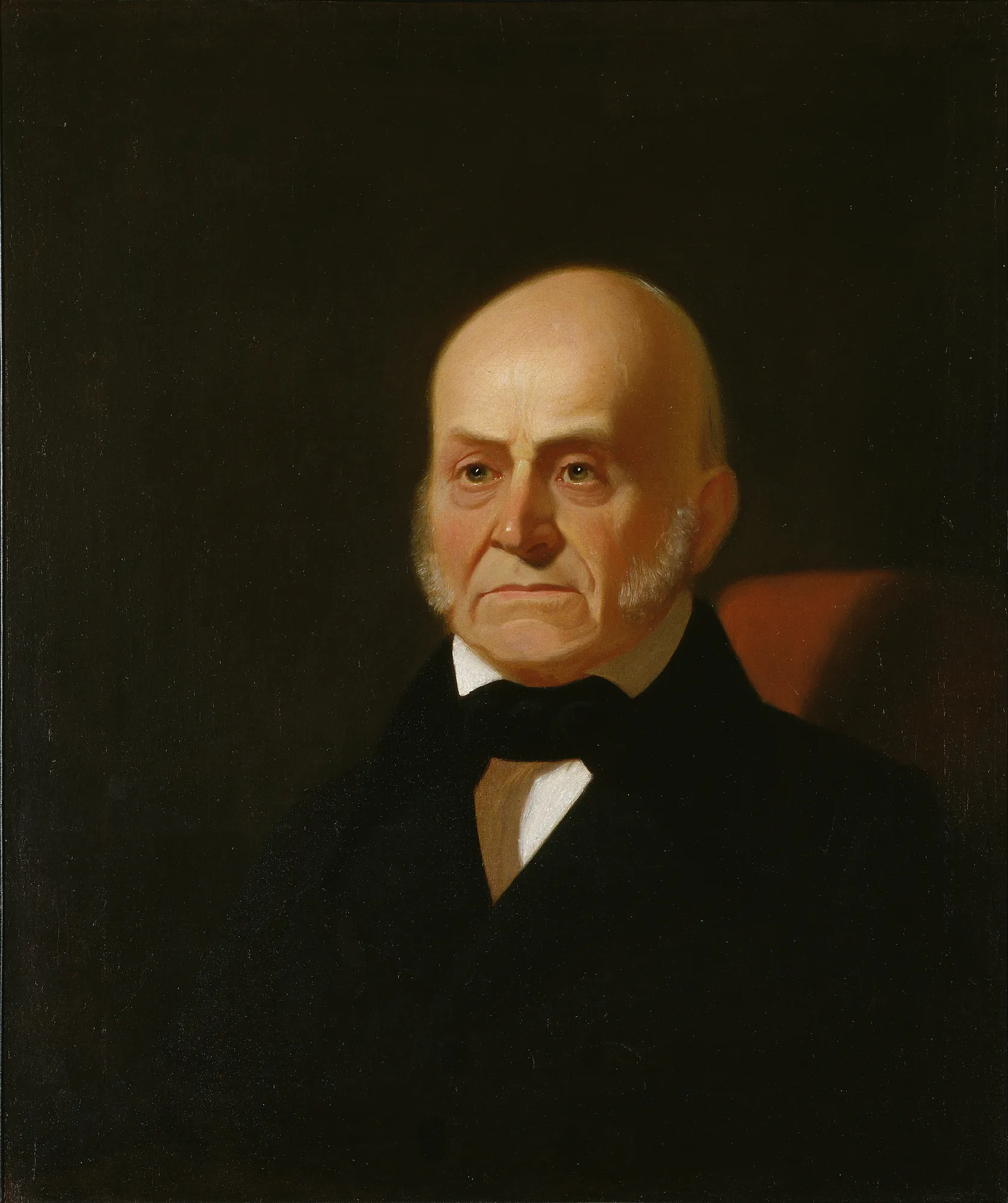 John Quincy Adams John Quincy Adams by George Caleb Bingham. A formal oil portrait of an elderly statesman with sideburns, dressed in a dark coat and cravat, set against a deep, dark background.