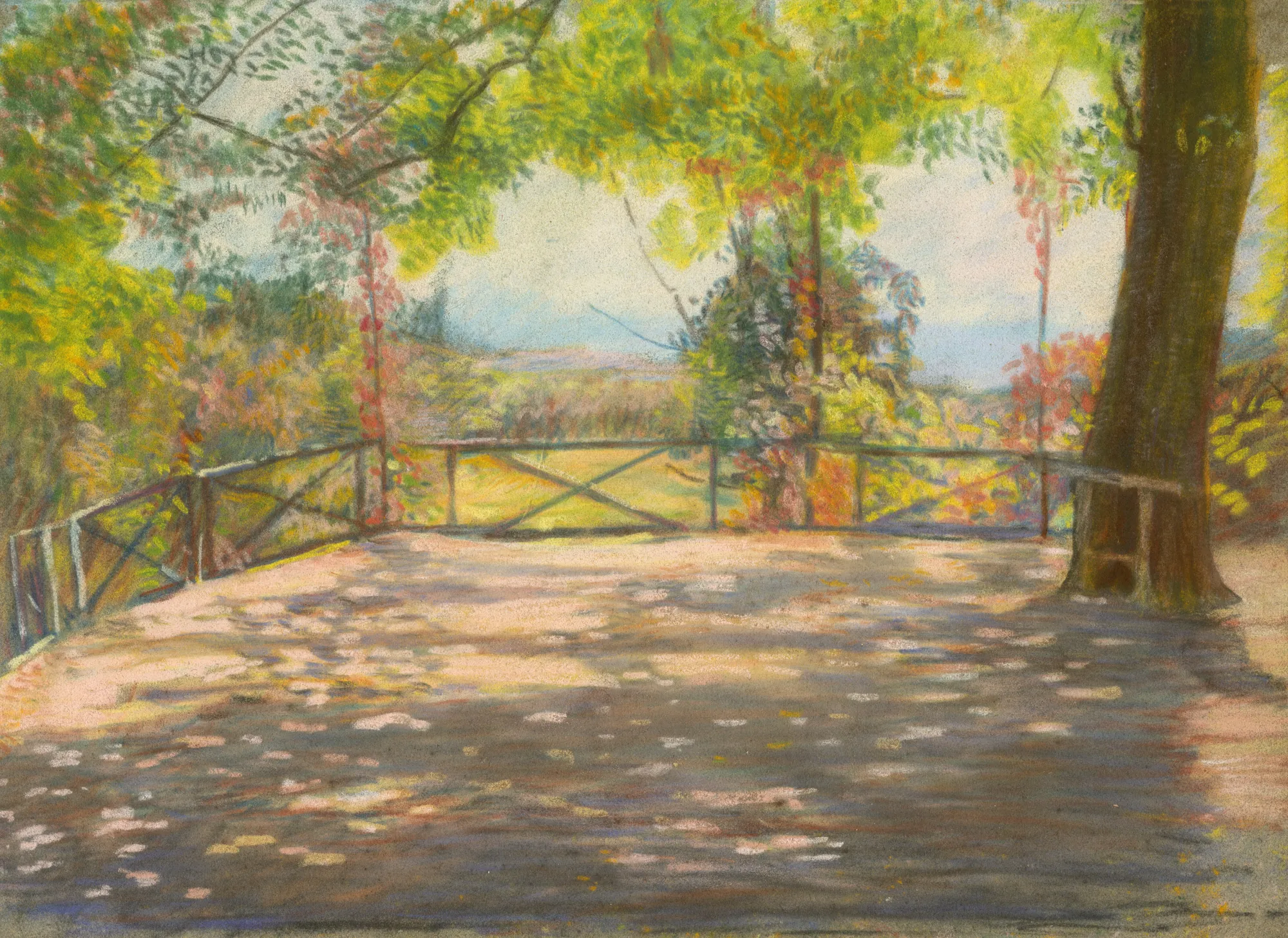 Motif in the Park Motif in the Park by László Mednyánszky. An impressionistic scene of a sun-dappled terrace in a park, bounded by a rustic wooden fence and shaded by leafy trees.