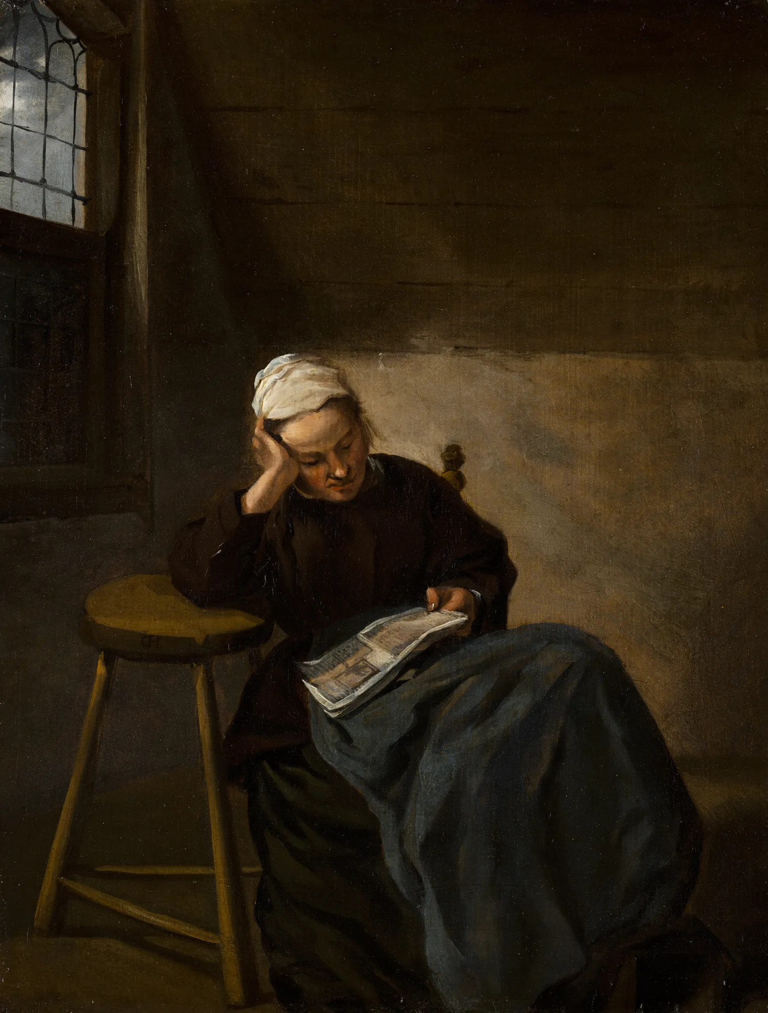 Girl Reading Girl Reading by Nicolaes Hals. A young woman in a dark dress and white headcap sits in a shadowy interior, leaning against a wooden stool while focused on reading a small paper.