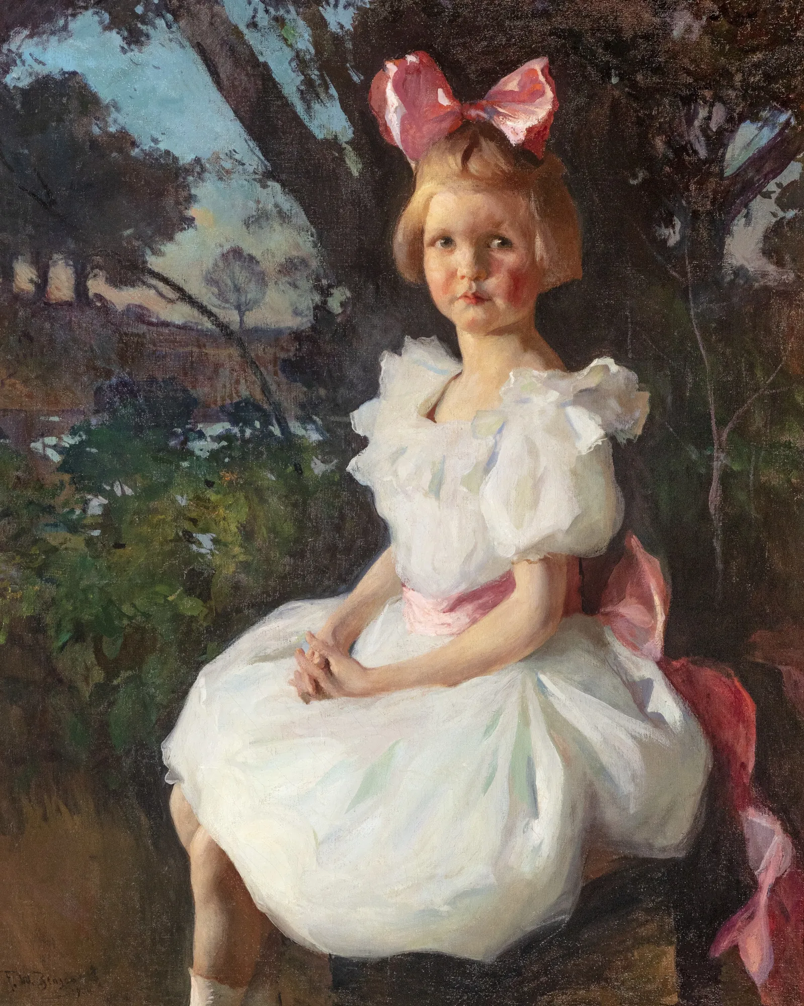 Portrait of Jane Shattuck Portrait of Jane Shattuck by Frank Weston Benson. An oil painting of a young girl in a ruffled white dress with large pink bows, seated against a background of dark trees and a glimpse of twilight sky.