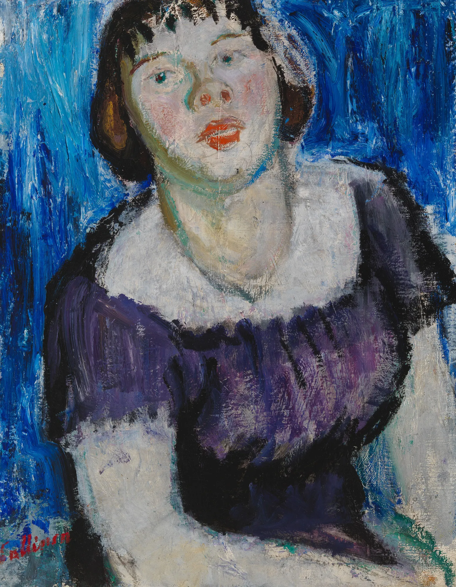 The Ducat Girl The Ducat Girl by Tyko Sallinen. An expressionist portrait of a young girl with dark hair and a white collar against a vibrant blue background.
