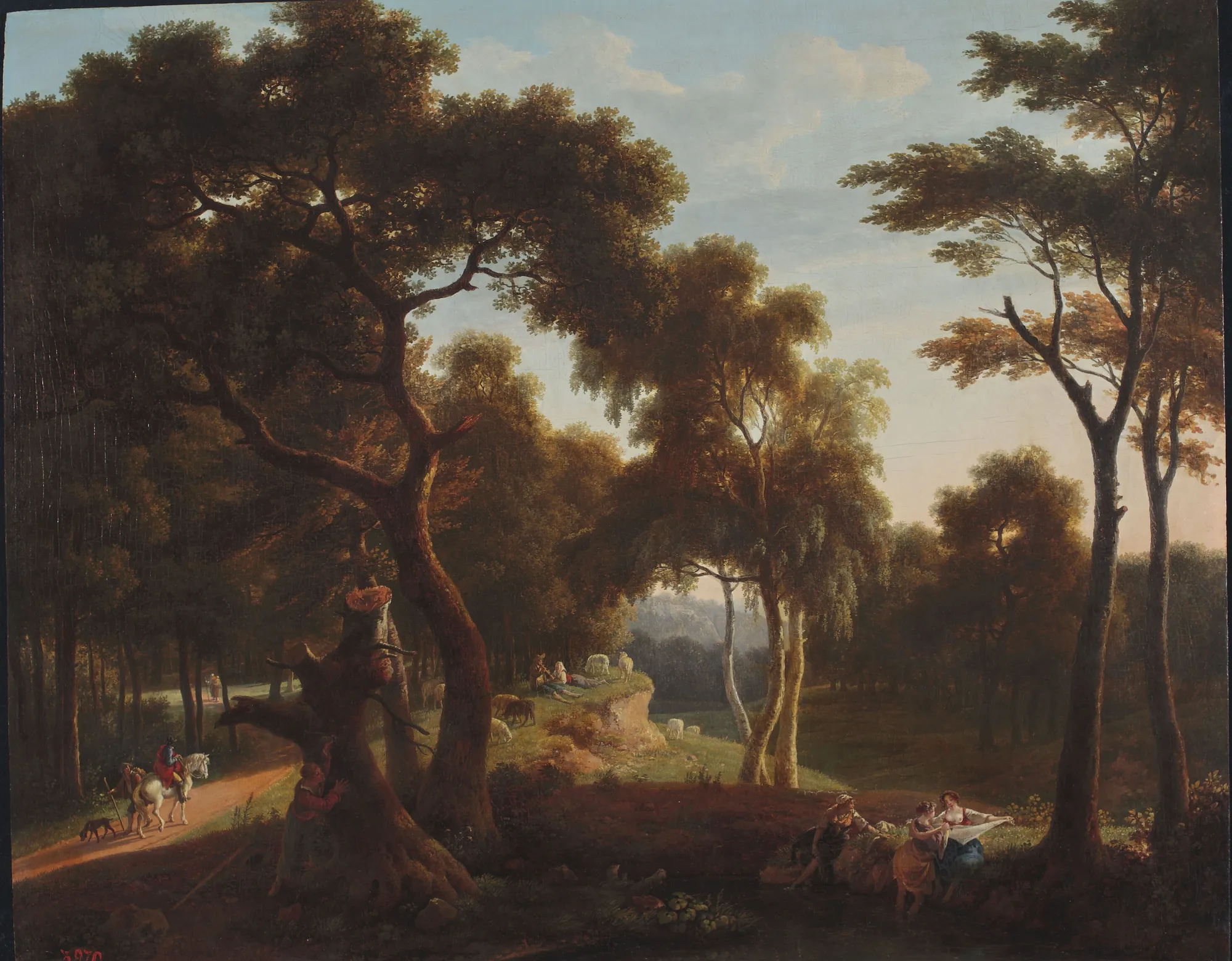 Landscape with Washerwomen Landscape with Washerwomen by Pierre Jean Boquet. A lush, wooded landscape featuring figures washing clothes by a stream, a horseman on a path, and sheep grazing on a distant hill under a soft sky.