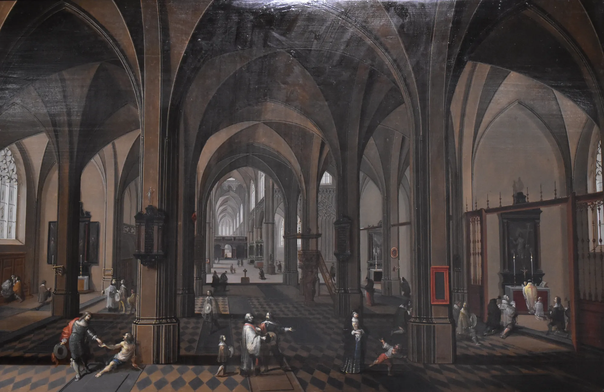 Interior of Antwerp Cathedral Interior of Antwerp Cathedral by Pieter Neefs the Elder. A detailed interior view of a Gothic cathedral featuring high vaulted ceilings, a checkered tile floor, and small groups of figures in period dress.