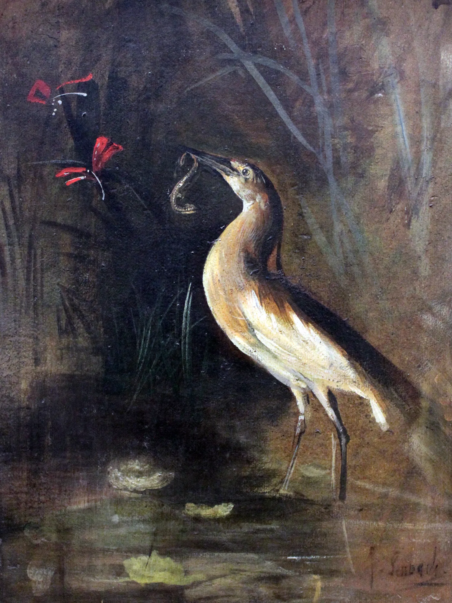 Heron and Salamander Heron and Salamander by Franz von Lenbach. A heron stands in a dark marsh, holding a salamander in its beak against a shadowy background with red floral accents.