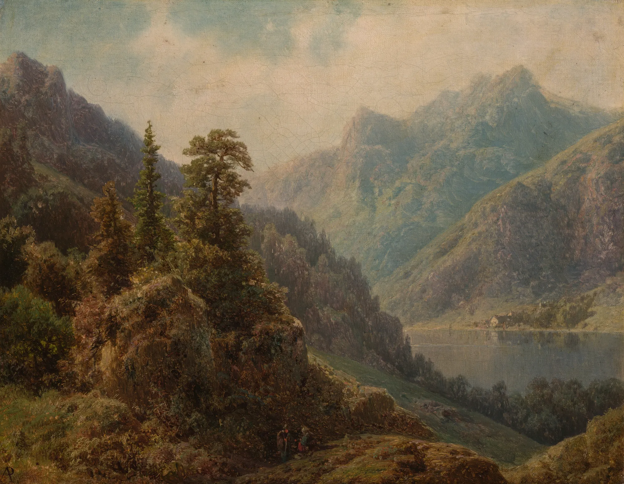 Lake Lucerne in the Mountains Lake Lucerne in the Mountains by August Piepenhagen. A Romantic-style oil painting of a deep mountain valley and lake, featuring textured foreground rocks, towering evergreens, and hazy, sunlit peaks in the distance.