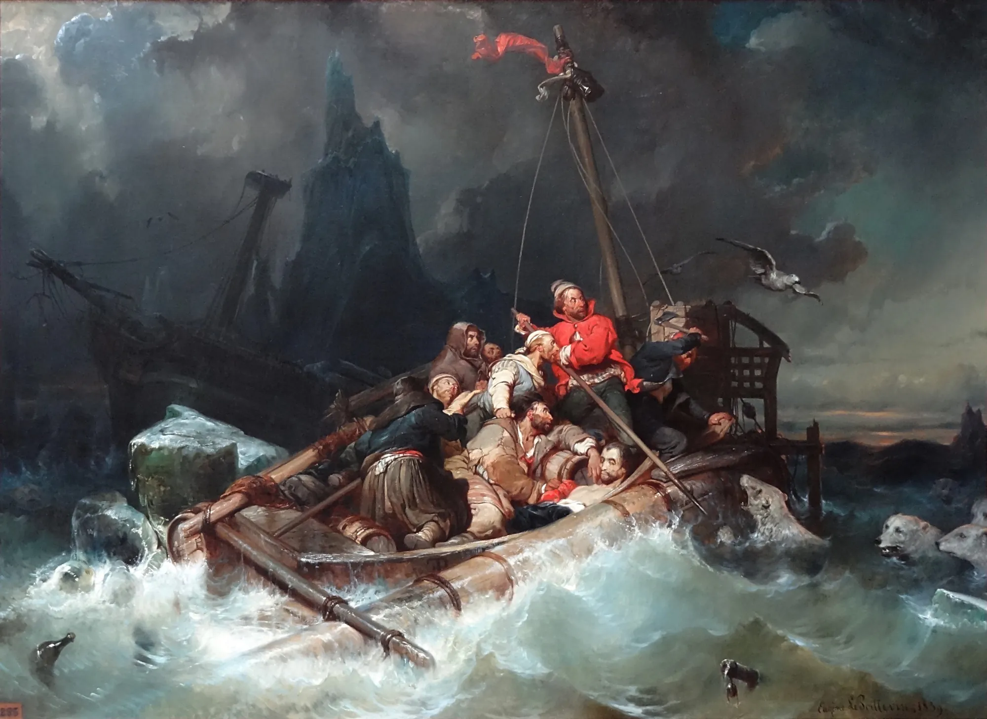 Les Naufragés Les Naufragés by Eugène Le Poittevin. A group of shipwrecked men cling to a makeshift raft in a turbulent, icy sea surrounded by polar bears.