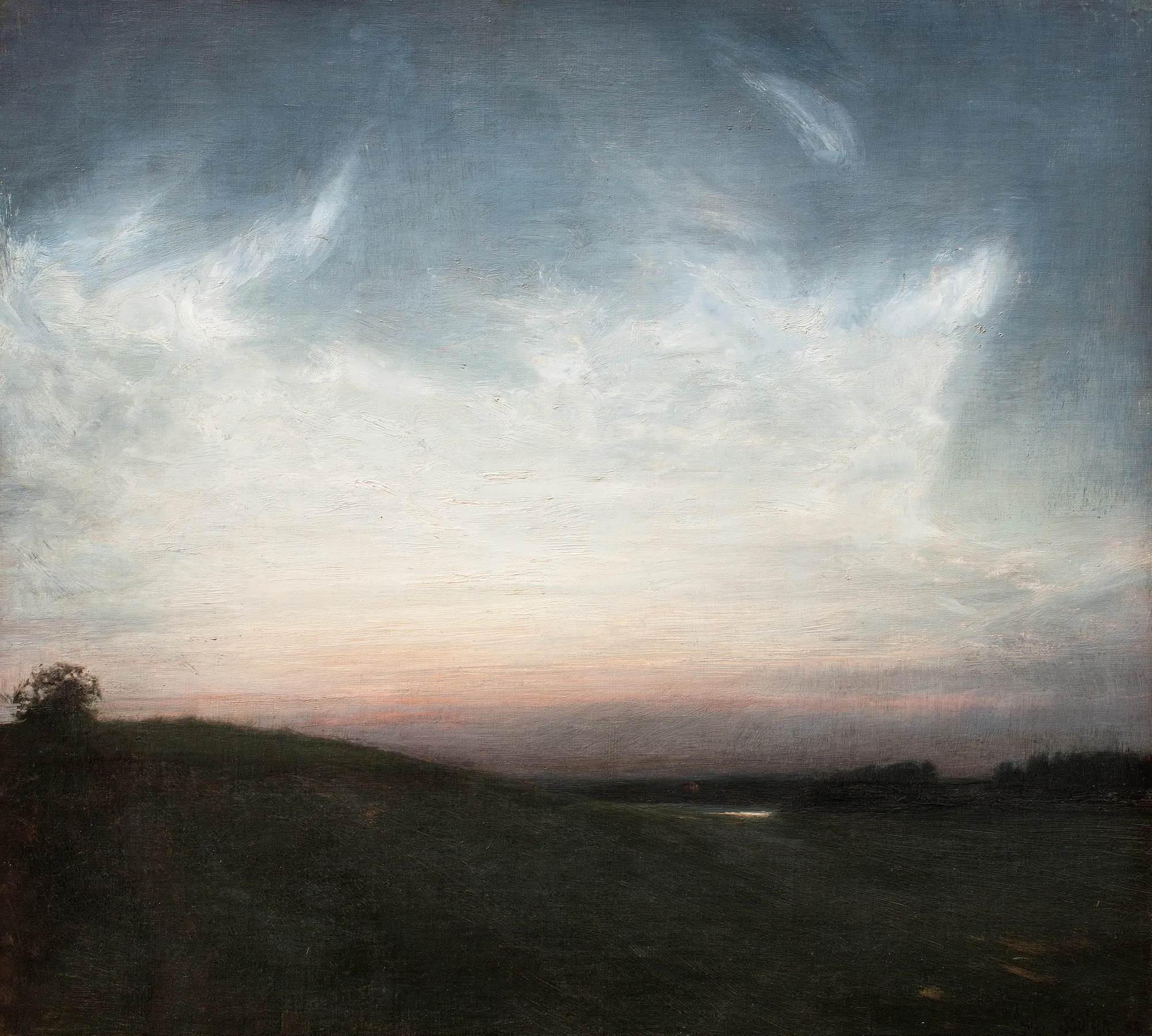 Summer Night, Høsterkøb Summer Night, Høsterkøb by Julius Paulsen. A dark, silhouetted landscape of rolling hills under a vast, luminous twilight sky with wispy white clouds.