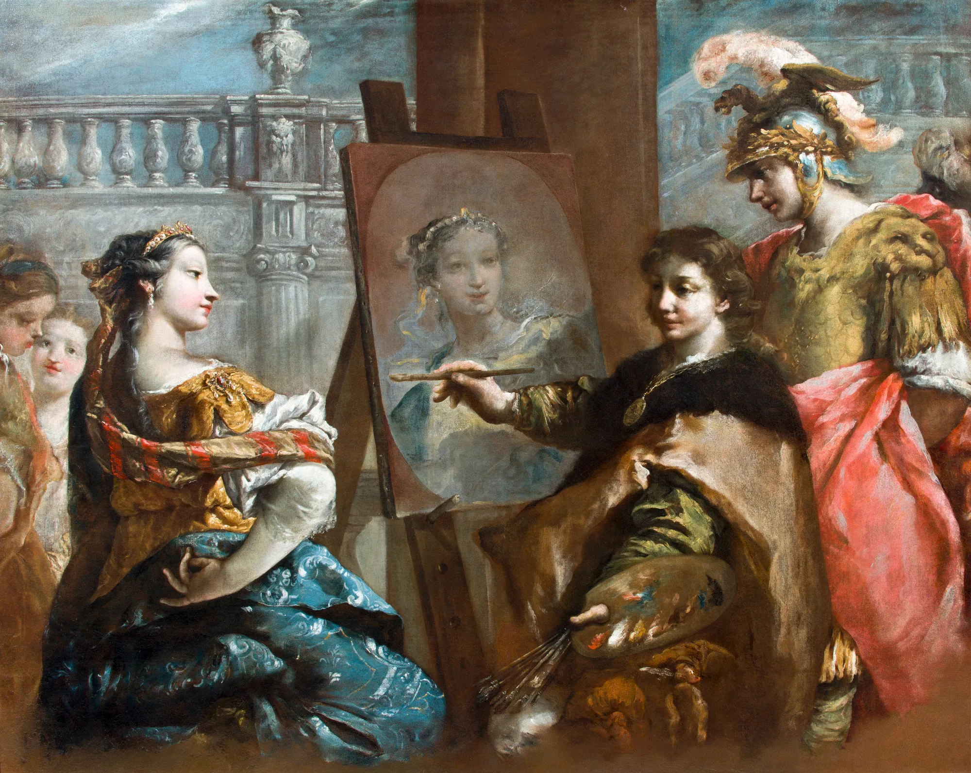 Alexander and Campaspe in Apelles' Studio Alexander and Campaspe in Apelles' Studio by Giovanni Antonio Guardi. An artist at an easel paints a woman's portrait while a soldier in ornate golden armor looks on in a classical studio setting.