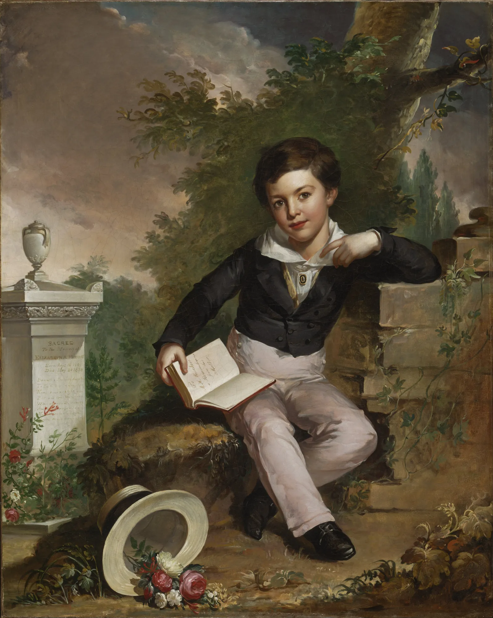 Portrait of Matthew Huizinga Messchert Portrait of Matthew Huizinga Messchert by Manuel Joachim de Franca. A young boy in a dark jacket and light trousers sits outdoors holding an open book, with a stone memorial monument visible to his left.
